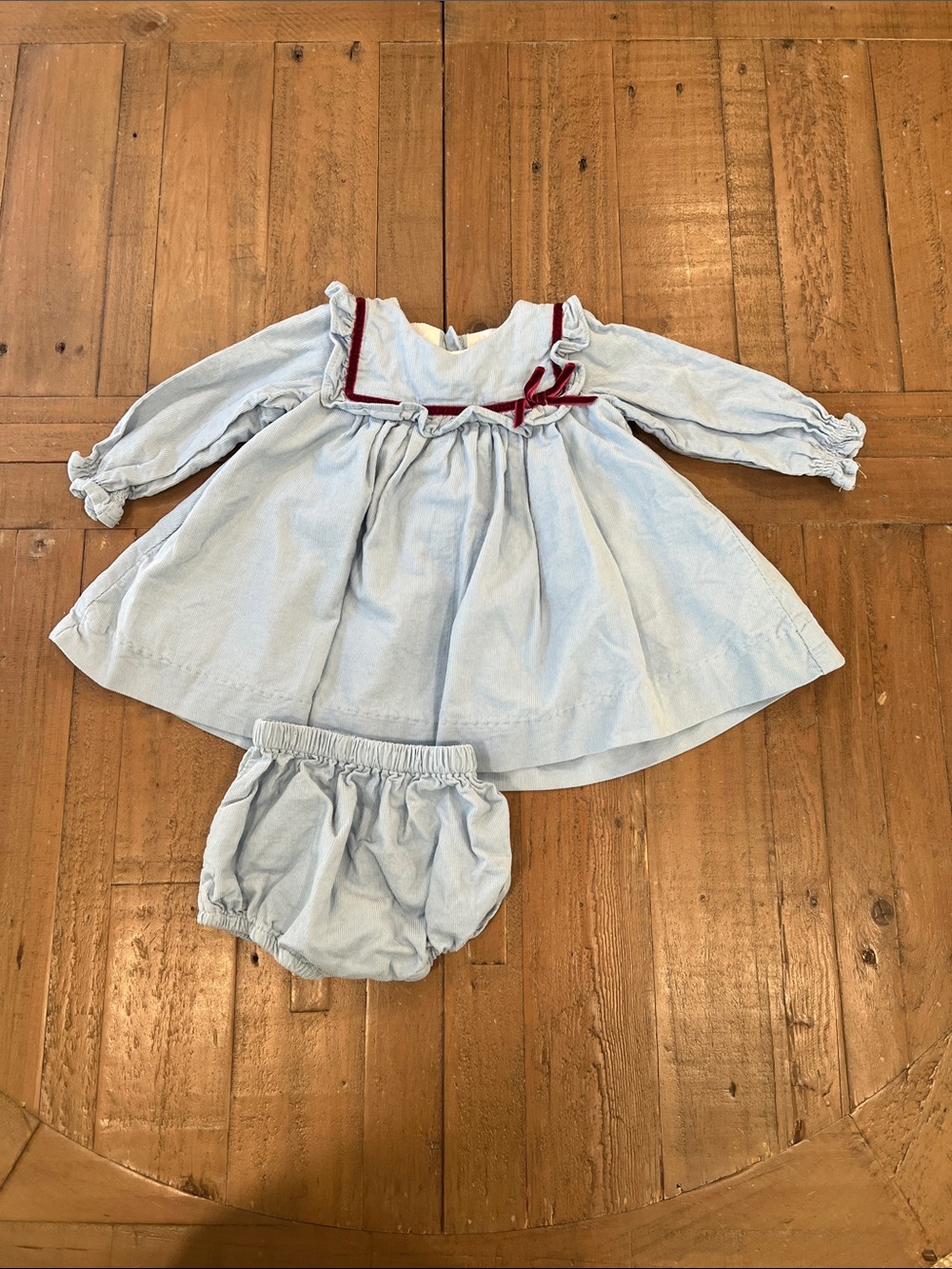 Edgehill collection dusty blue ruffled long sleeve Corduory dress bloomers 6m